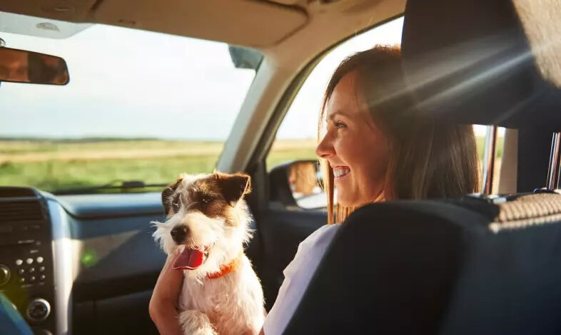 Kobieta trzymająca psa na kolanach w trakcie podróży autem